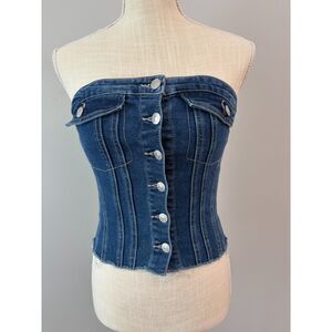 Strapless Denim Tube Top Corset Jean Bustier Raw Fringe Hem Sz L Y2K Western